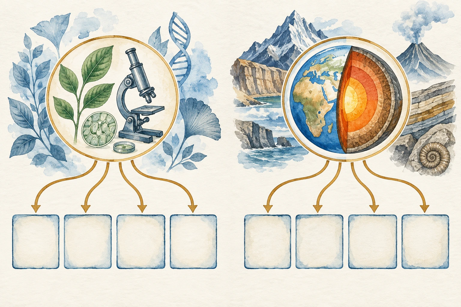 Ramos de conceitos de vida e Terra ligados a cartões portugueses sem texto gerado na imagem.