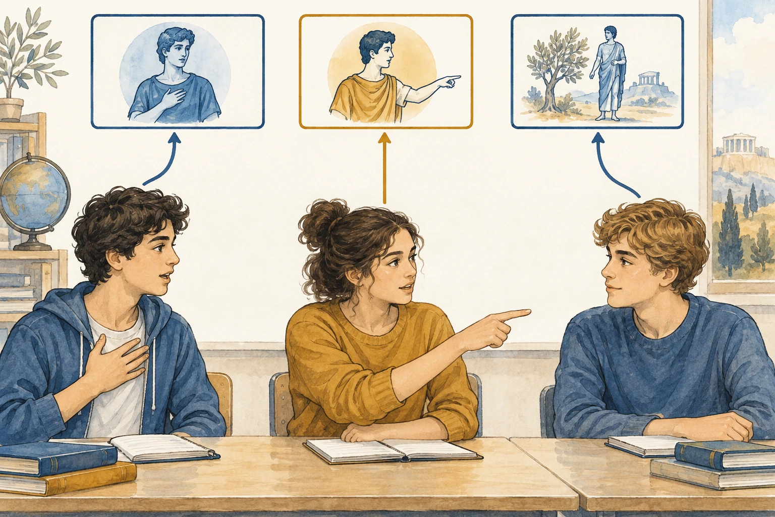 Três papéis de fala representados por estudantes, sem texto grego inserido no desenho.