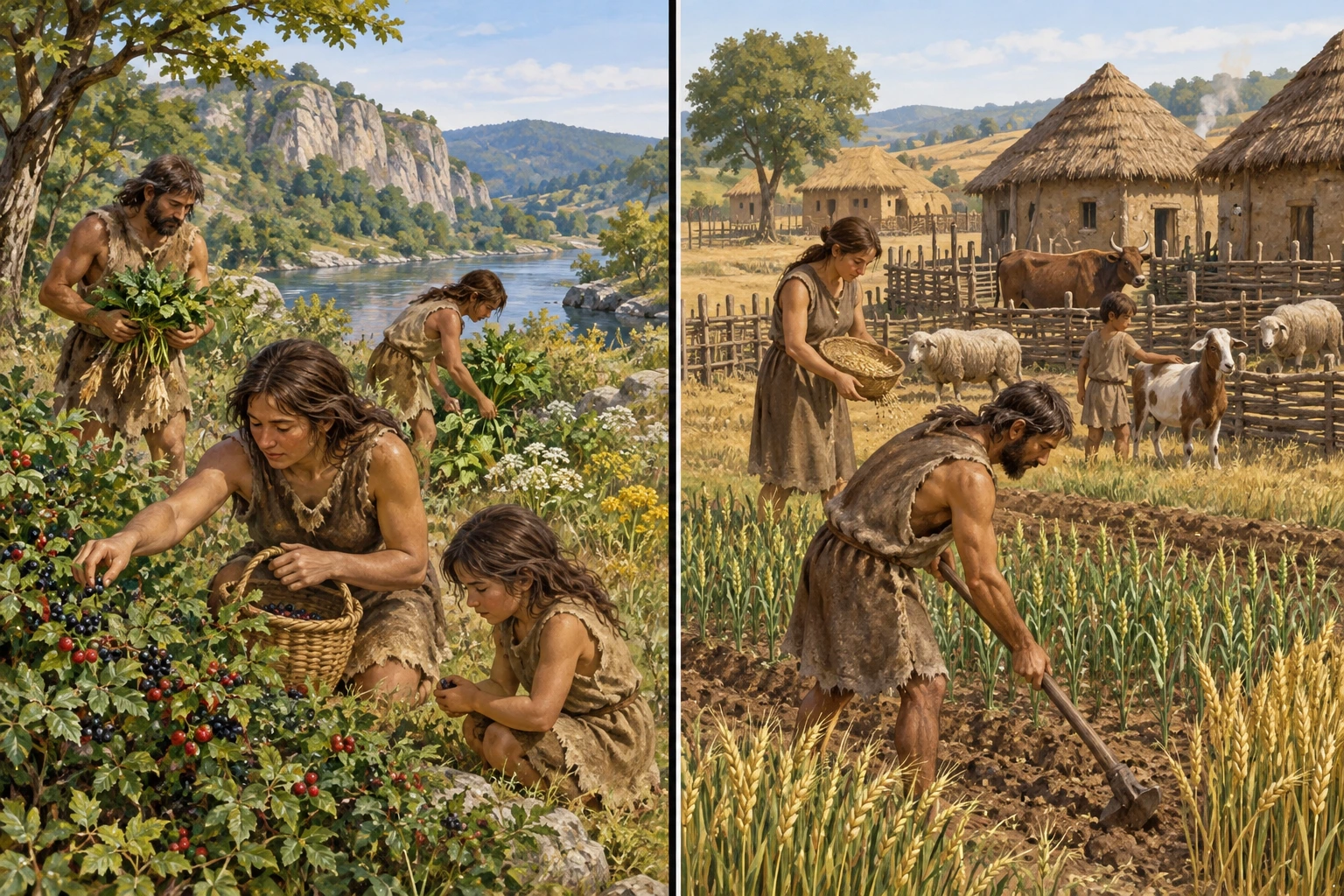 Dois painéis conceptuais: um grupo recolhe plantas silvestres; outro cultiva cereais e cuida de animais junto a habitações simples.