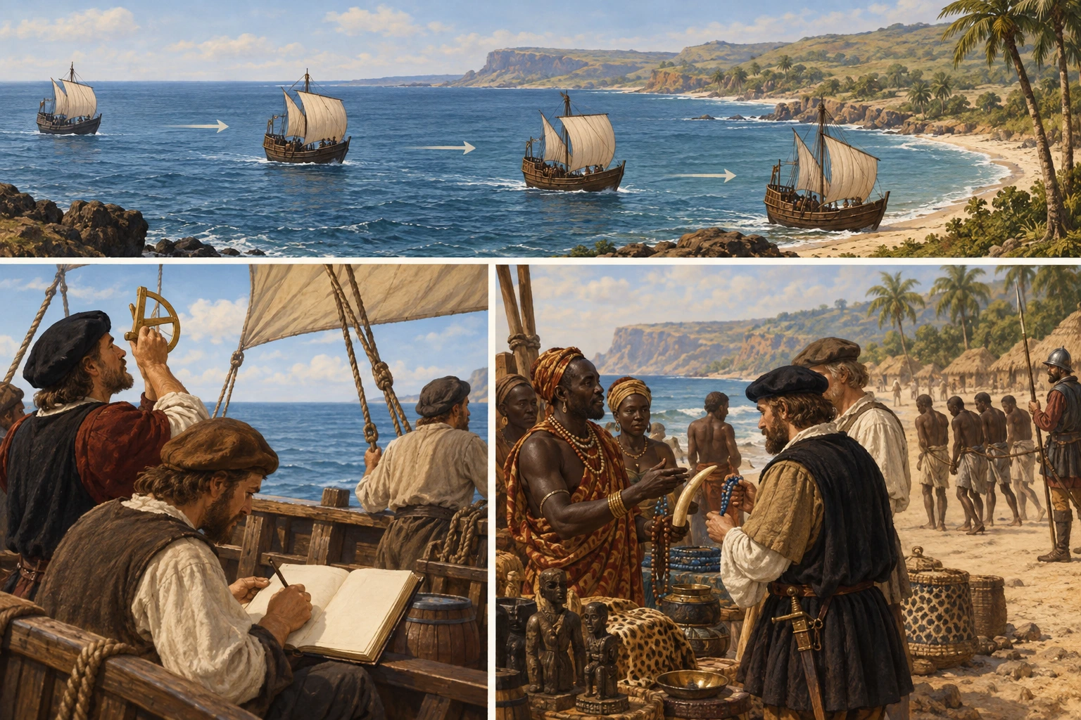 Sequência ilustrativa de navegação costeira, registo a bordo e encontro comercial com africanos; ao fundo, pessoas são conduzidas sob coerção.