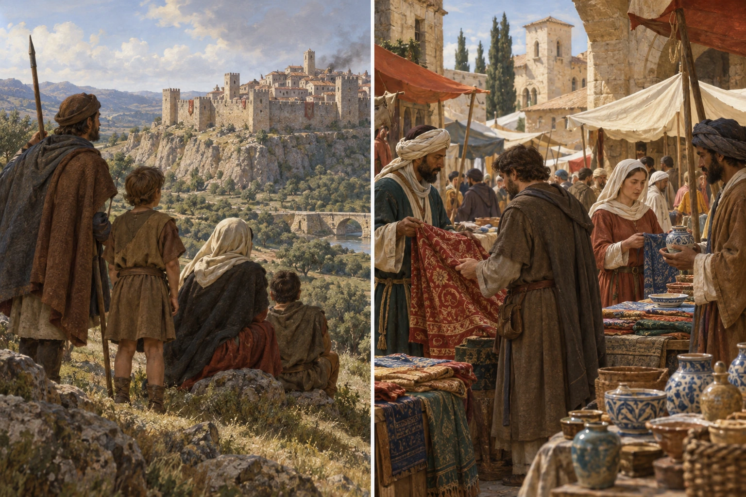 Dois painéis ilustrativos mostram uma fortificação medieval observada à distância e mercadores a trocar tecidos e cerâmica numa vila.