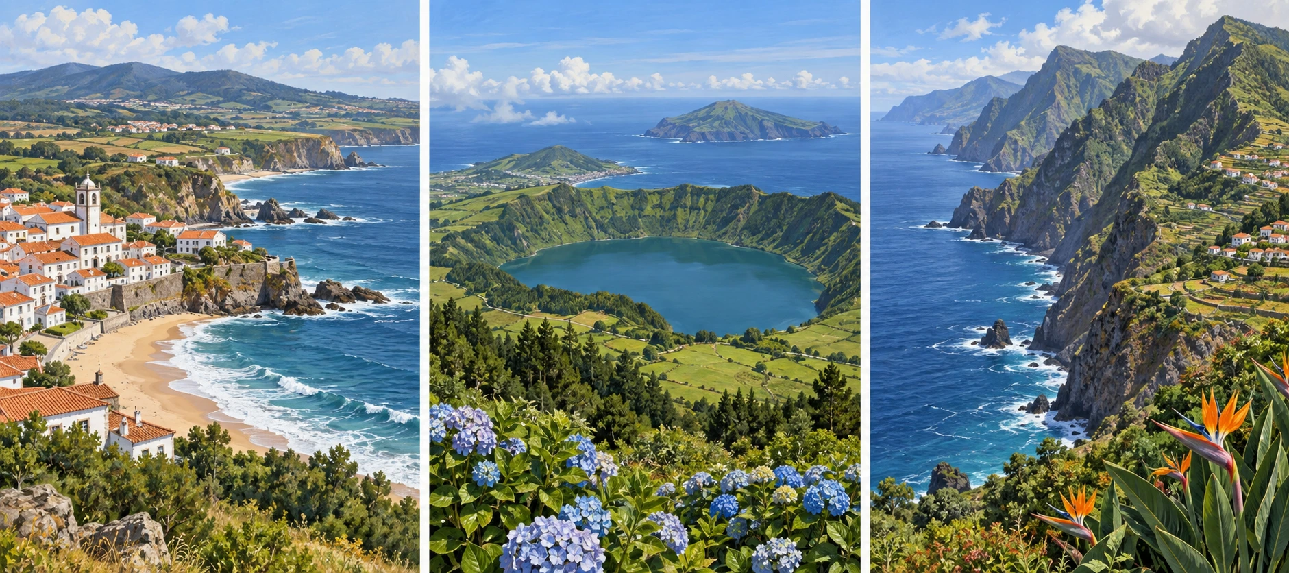 Três paisagens ilustrativas mostram a costa continental portuguesa, uma ilha vulcânica dos Açores e a costa montanhosa da Madeira.