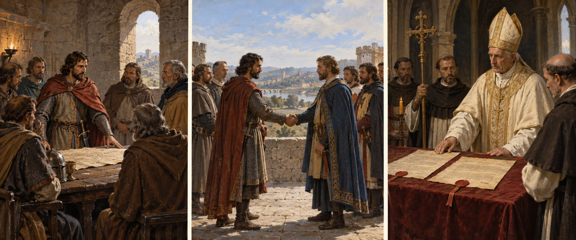Três painéis ilustrativos mostram um governante medieval a deliberar, um encontro diplomático e um clérigo diante de documentos selados.
