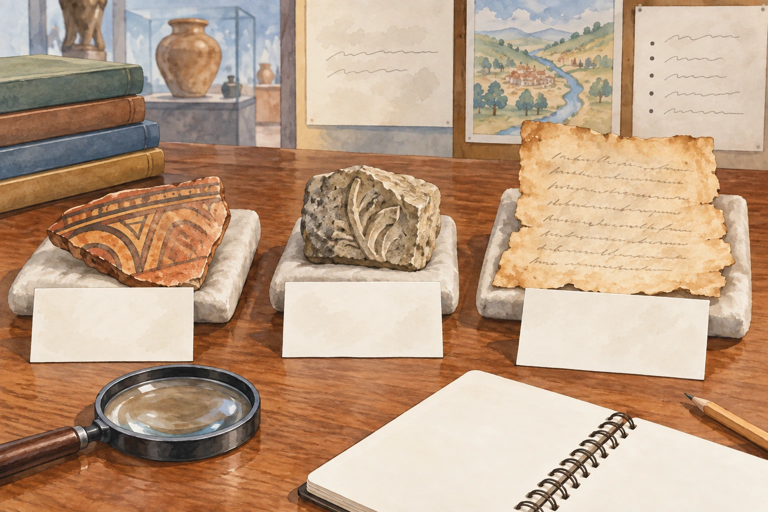 Conjunto ilustrativo de vestígios e fontes históricas sem identificação: fragmento cerâmico, pedra trabalhada e documento em pergaminho.