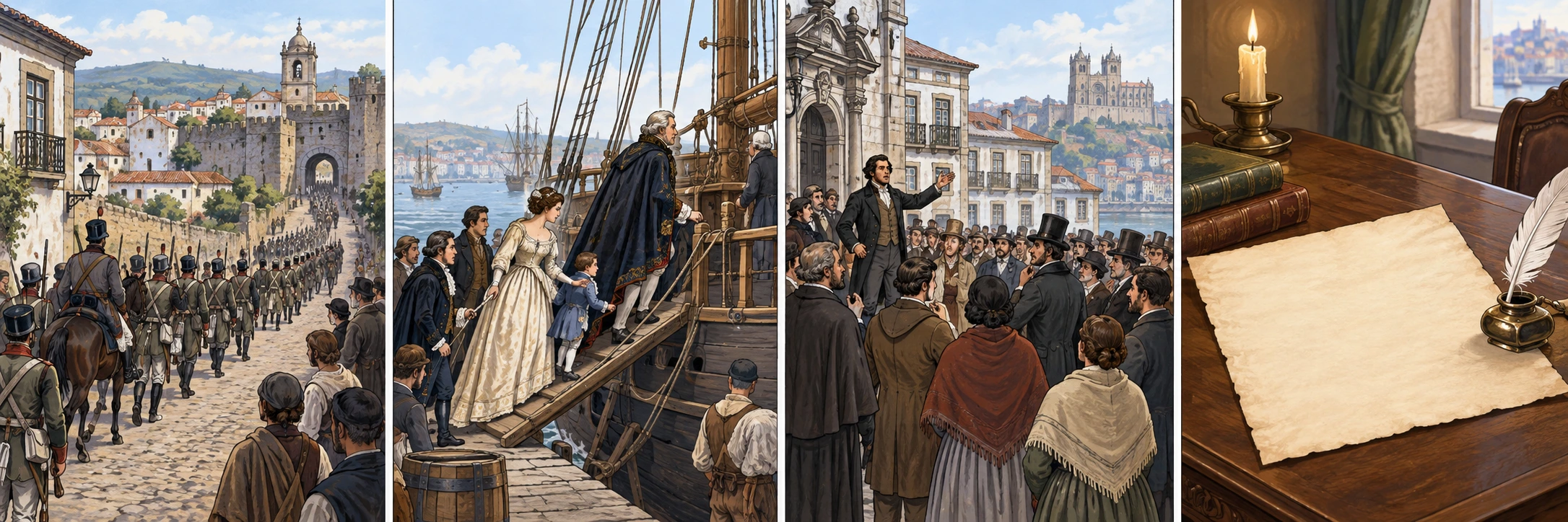 Quatro vinhetas reconstruídas: tropas, partida marítima da Corte, reunião pública e folha de Constituição.