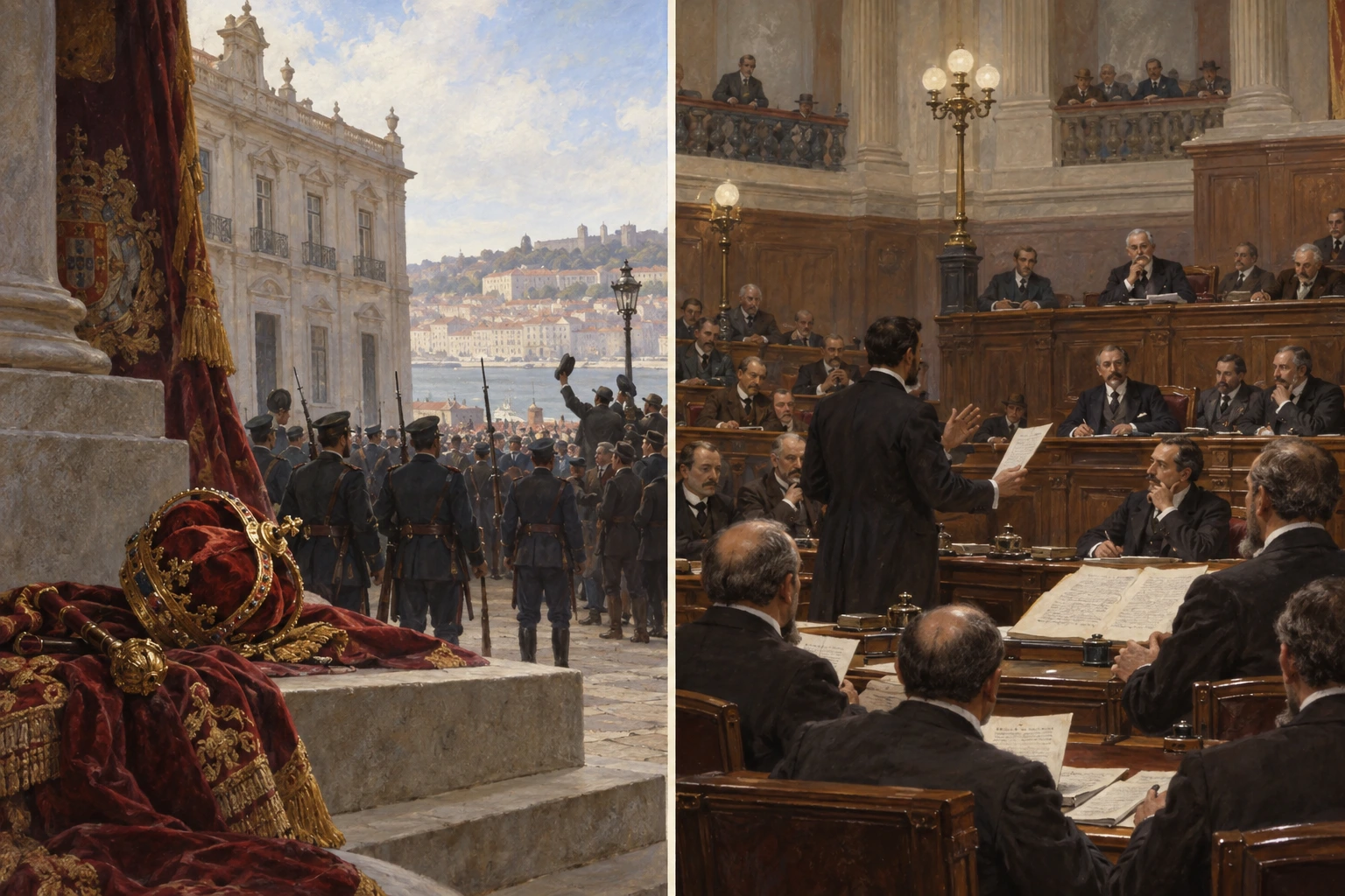Dois painéis conceptuais mostram símbolos da monarquia deixados de lado e uma assembleia de homens a debater um texto constitucional.