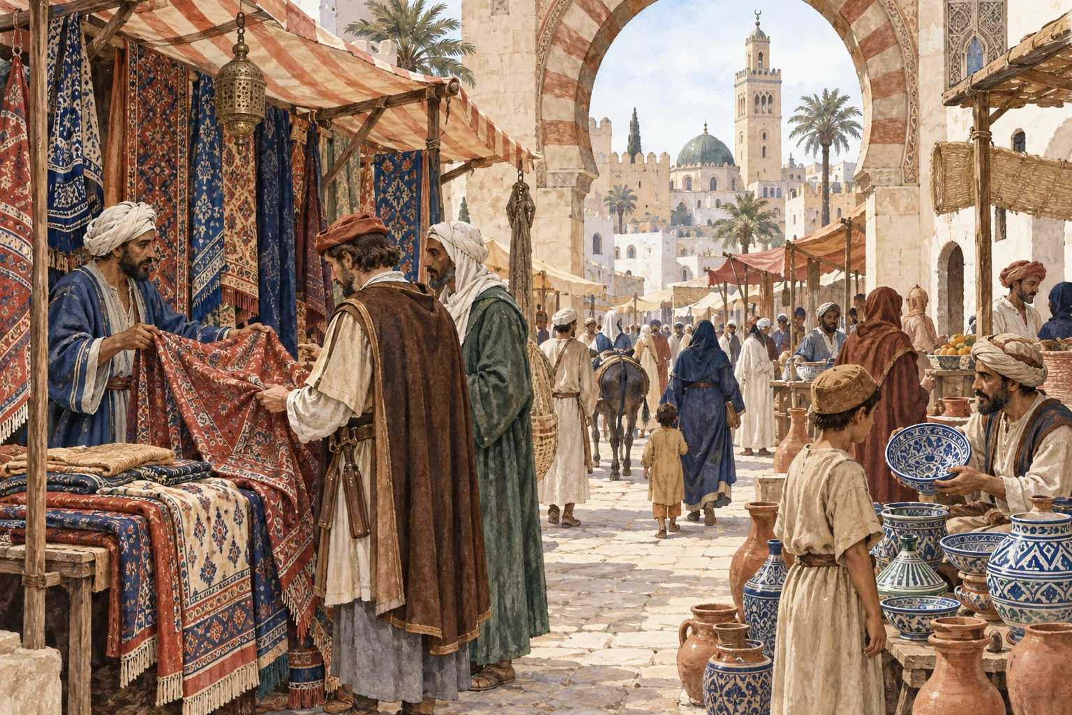Mercado urbano medieval de inspiração islâmica com tecidos, cerâmica e pessoas diversas.