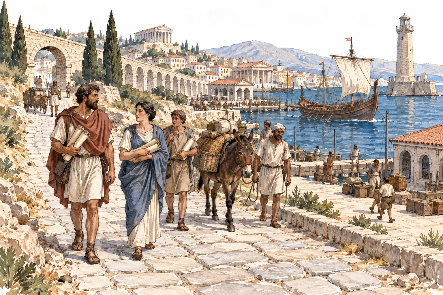 Viajantes com rolos de escrita numa estrada e porto do Mediterrâneo romano.