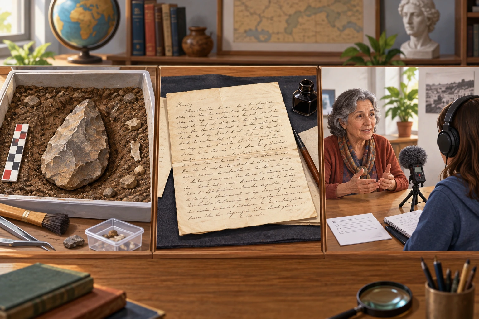 Três fontes ilustrativas: utensílio de pedra em tabuleiro de escavação, carta manuscrita e entrevista oral gravada.