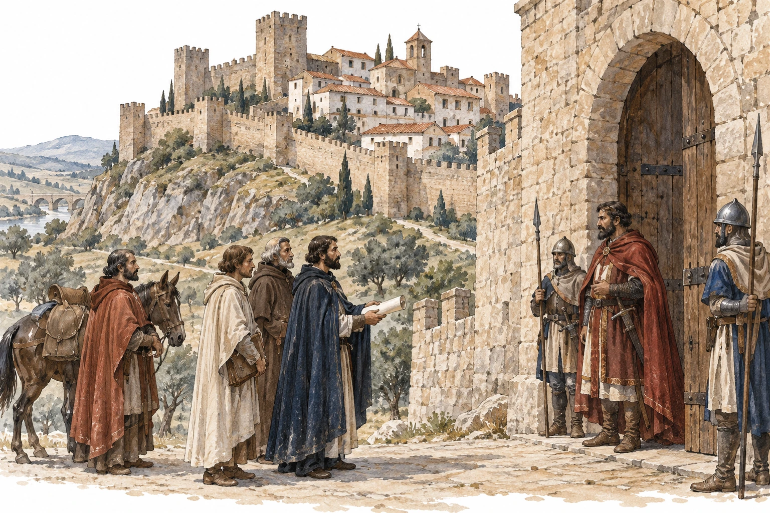 Grupo de enviados com rolo de documento junto a uma povoação fortificada medieval.