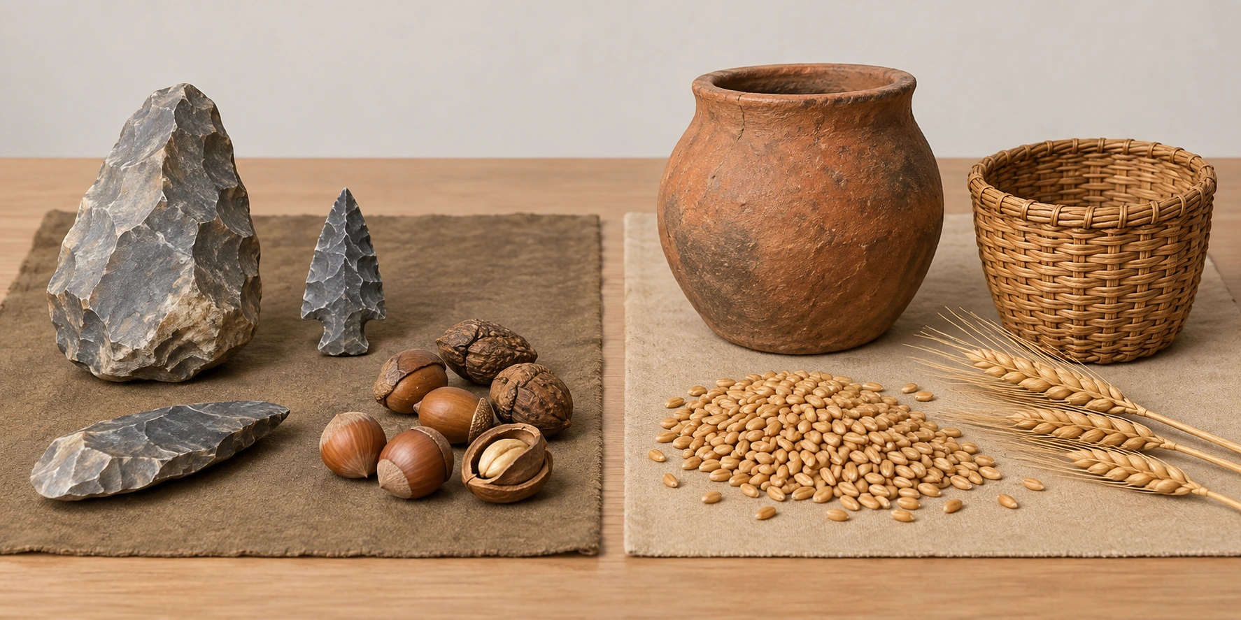 À esquerda, pontas e ferramentas de pedra com frutos recolhidos; à direita, grãos, espigas, recipiente e cesto.