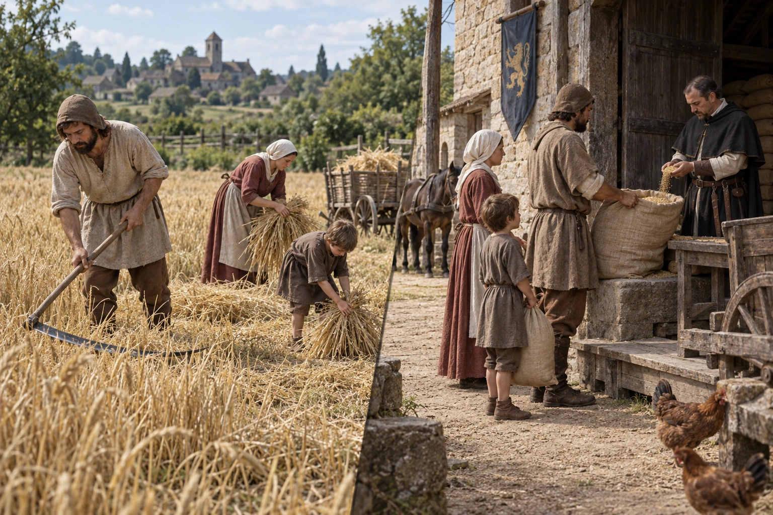 Família rural medieval colhe cereal e entrega um saco de grão ao representante de um senhor local num celeiro.