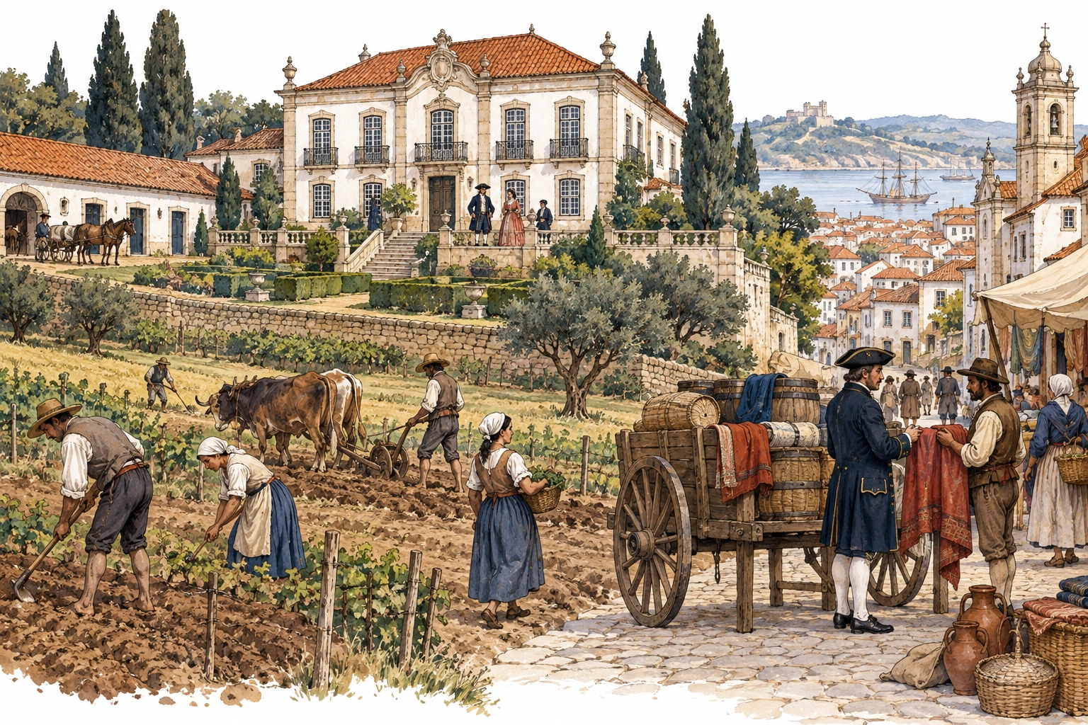 Propriedade setecentista com campos, casa senhorial e carro de mercadorias.