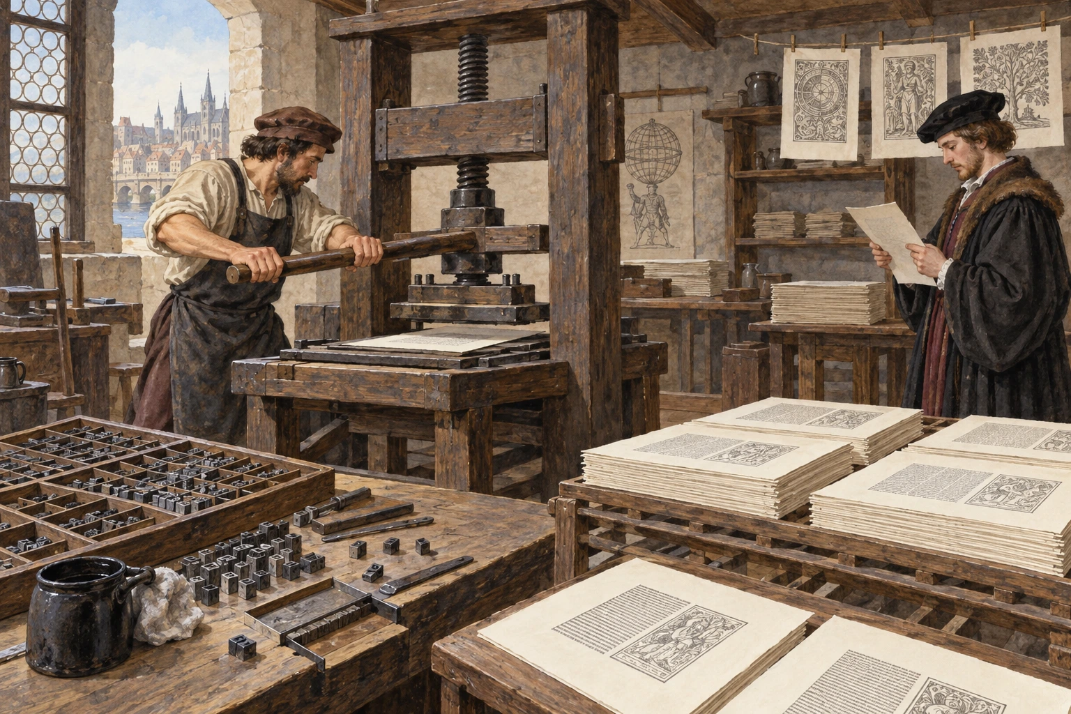 Oficina de impressão conceptual dos séculos XV–XVI: tipos móveis, prensa manual, folhas impressas e leitor. Cena ilustrativa, sem lugar ou pessoa histórica identificados.