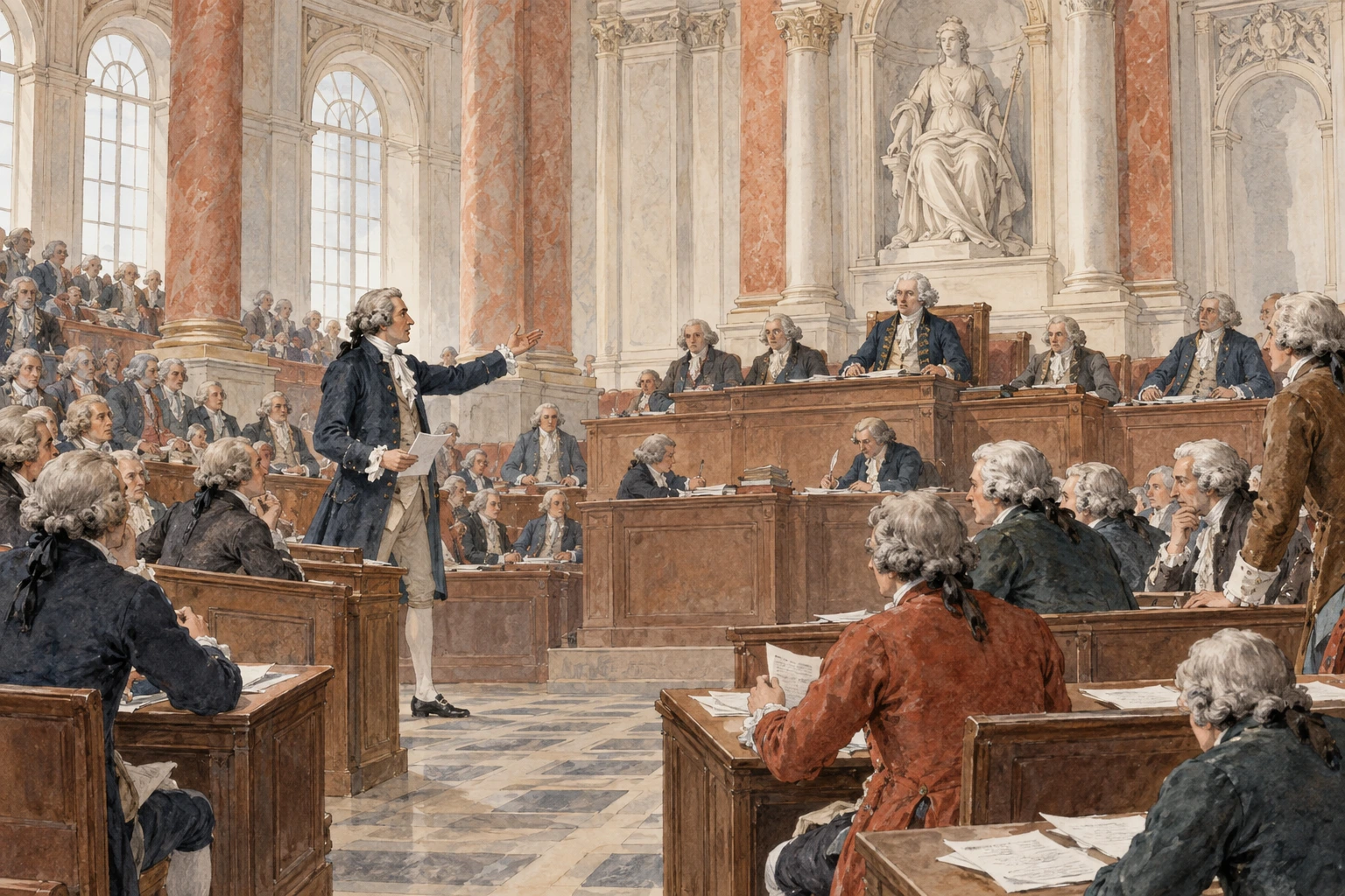 Delegados debatem numa assembleia francesa do fim do século XVIII.