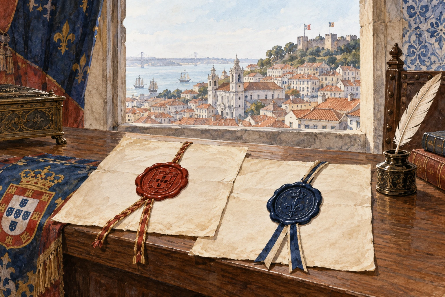 Dois documentos com selos diferentes sobre uma mesa, com Lisboa ao fundo.