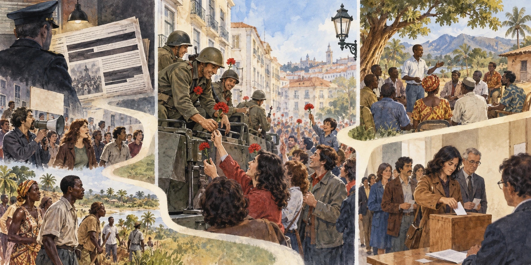Antes da mudança de regime há censura, oposição e experiências coloniais; no centro surgem cravos nas ruas; depois há reuniões de autogoverno e uma votação.