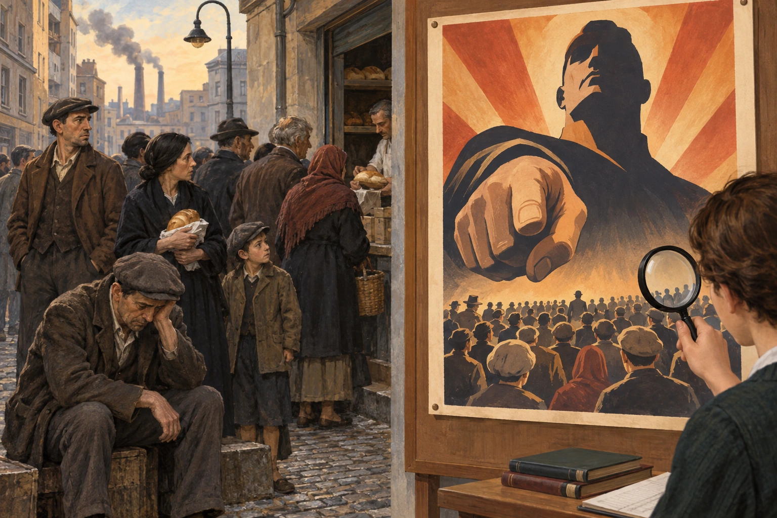 Uma fila de pessoas perante dificuldades económicas contrasta com um cartaz fictício de um líder enorme, observado criticamente com uma lupa.