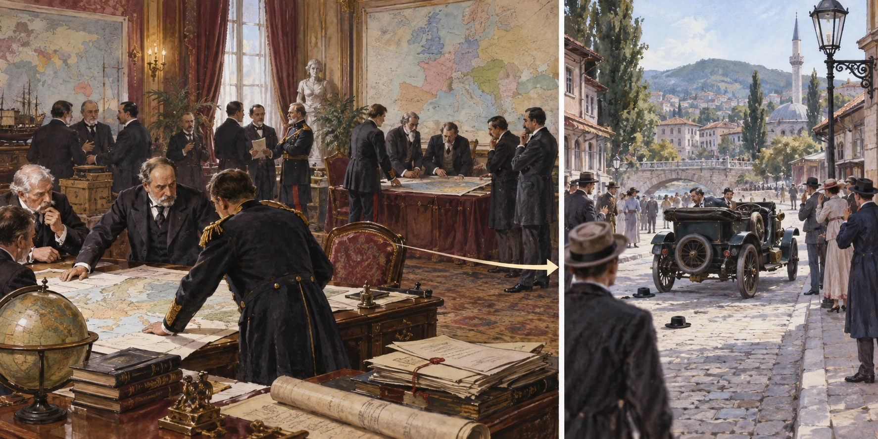 Uma cena de diplomatas a debater rivalidades e alianças antecede uma rua de Sarajevo com pessoas surpreendidas junto de um automóvel parado.
