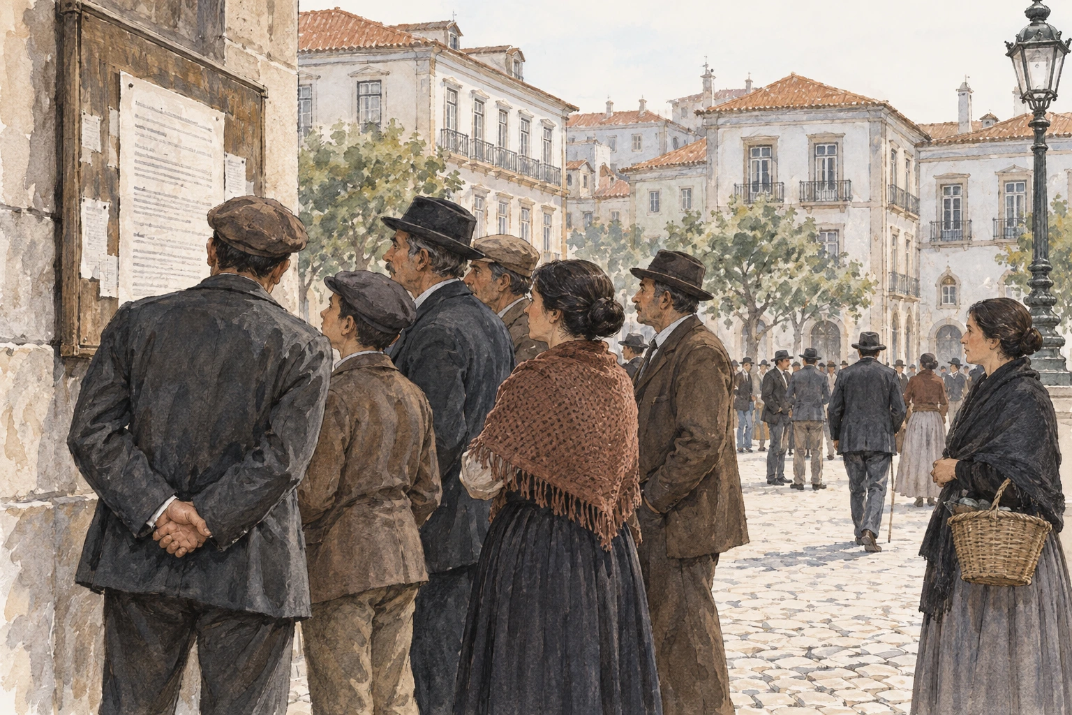 Pessoas leem um aviso numa praça urbana portuguesa do início do século XX.