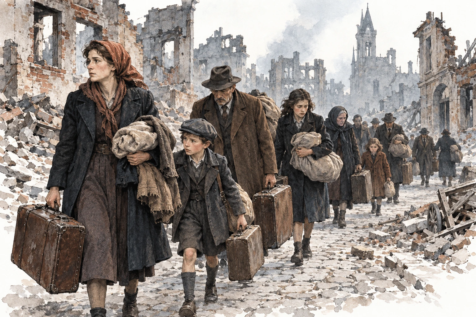 Civis transportam malas numa rua europeia danificada durante a II Guerra Mundial.