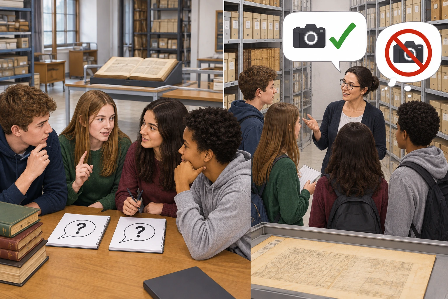 Alunos preparam duas perguntas e pedem autorização antes de fotografar no arquivo.