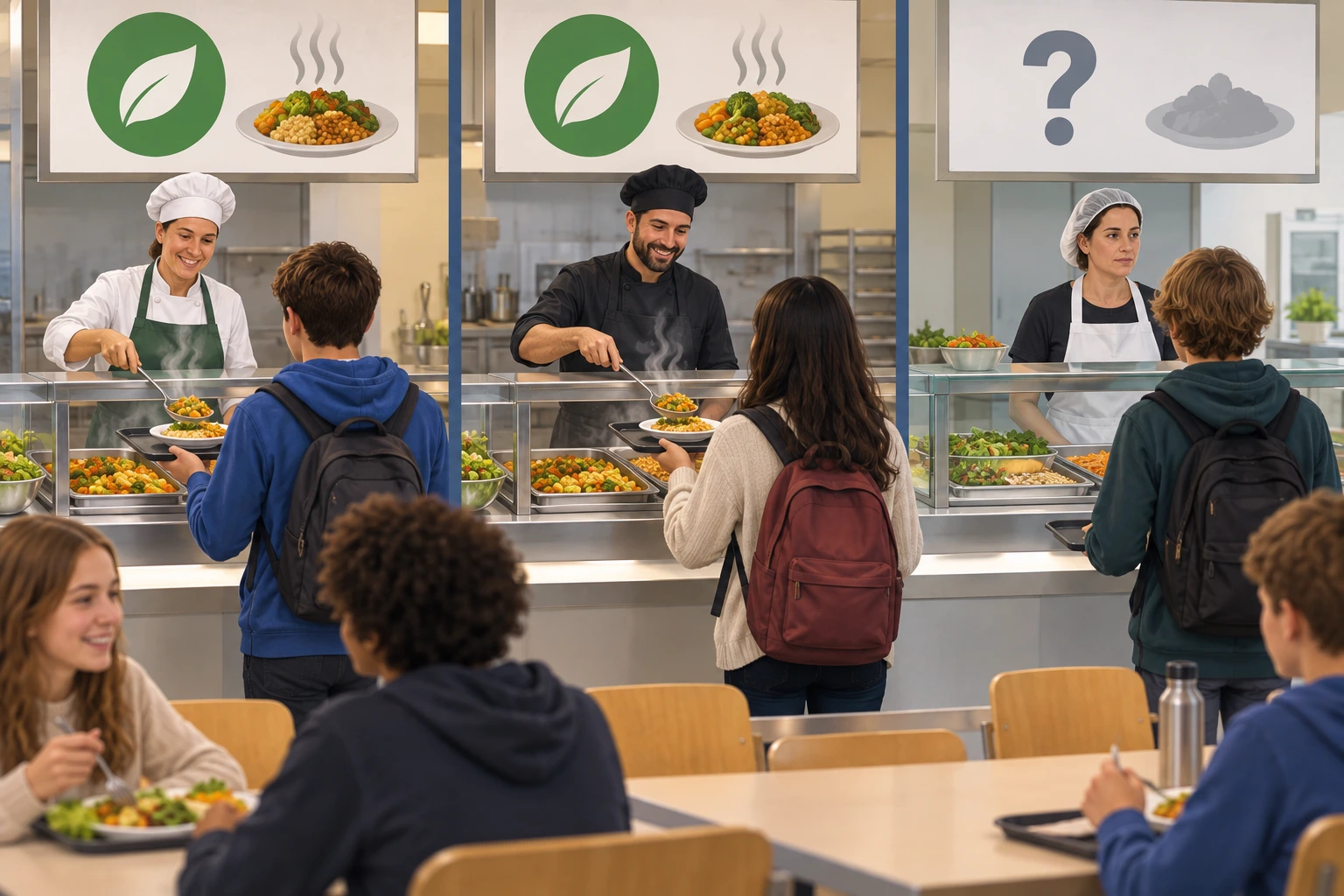 Duas de três cantinas mostram um prato vegetariano quente diário; a terceira fica sem indicação.