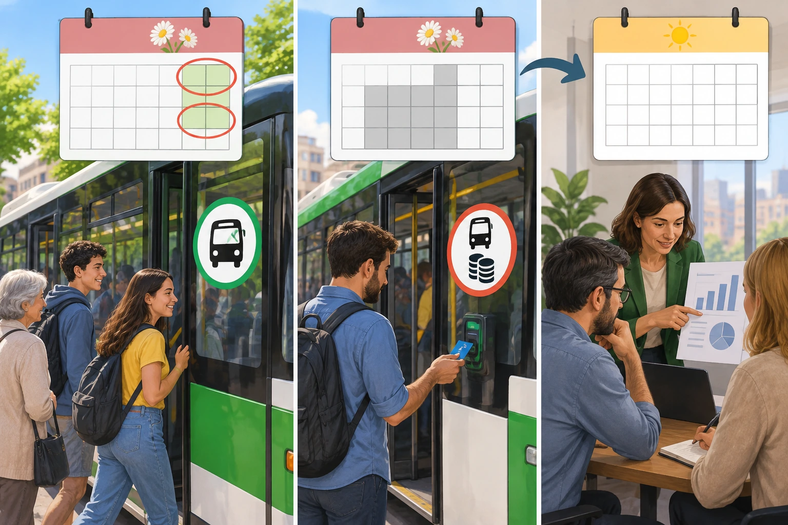 Autocarros gratuitos ao fim de semana são distinguidos de viagens pagas nos dias úteis.