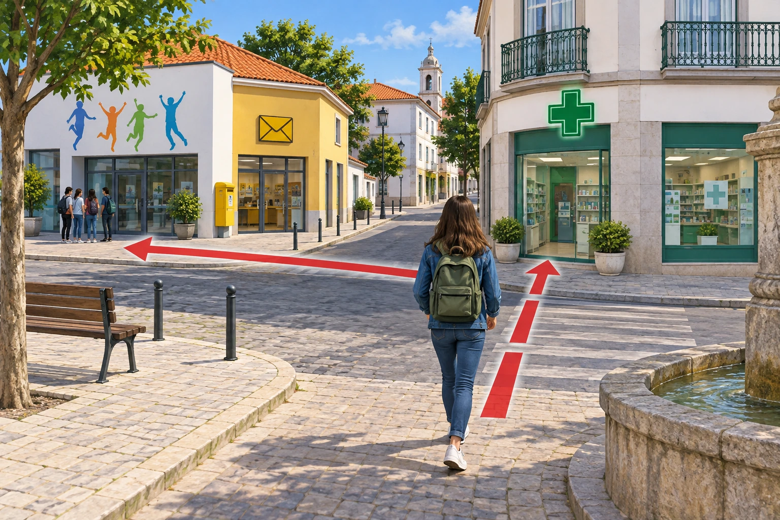 Percurso a pé vira à esquerda na farmácia e chega à casa da juventude junto dos correios.