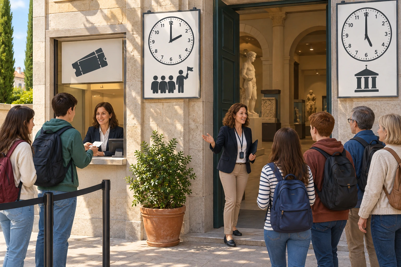 Visitante compra bilhete à entrada do museu enquanto um guia reúne o grupo para a visita.