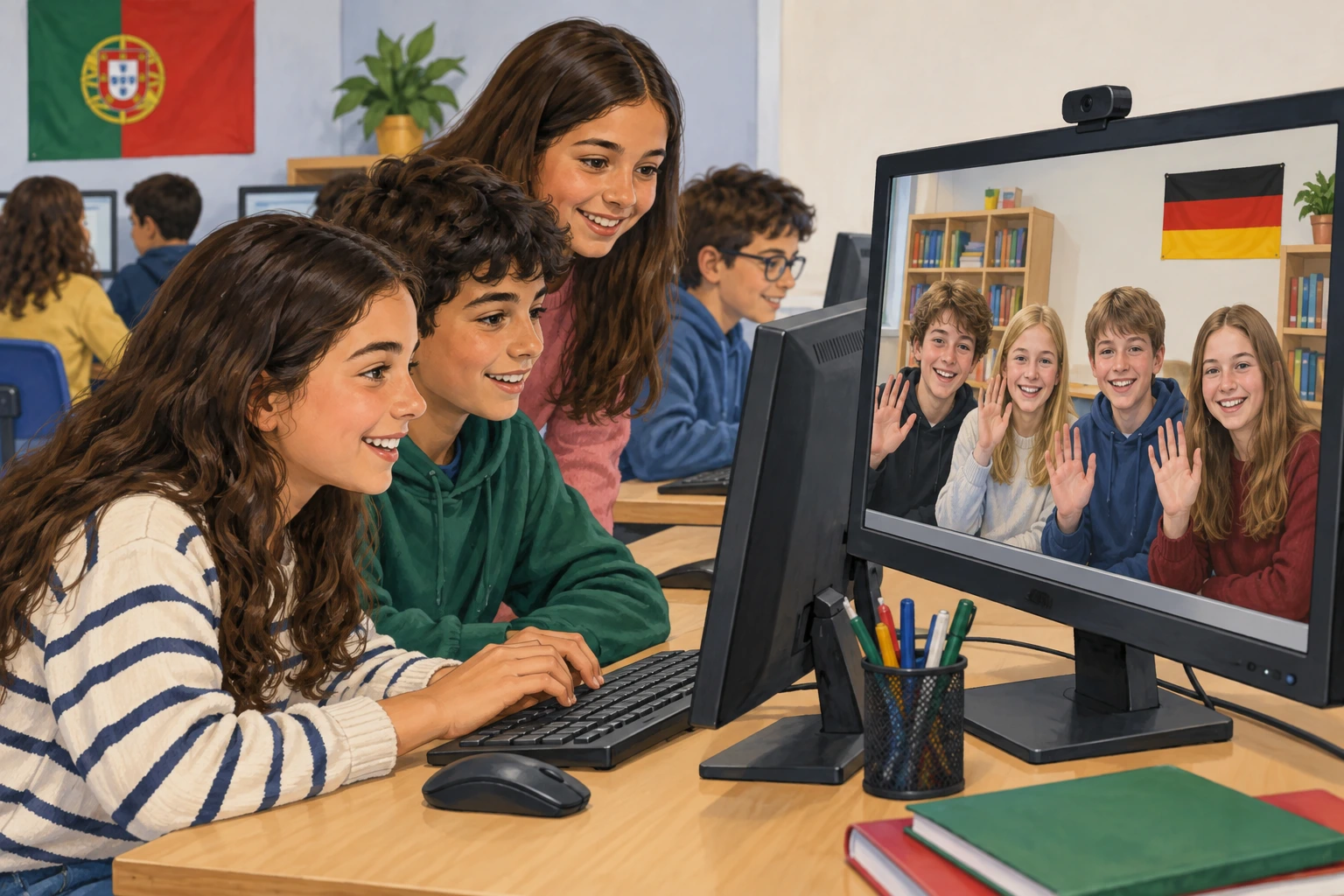 Alunos portugueses comunicam por computador com a turma parceira alemã numa videochamada.
