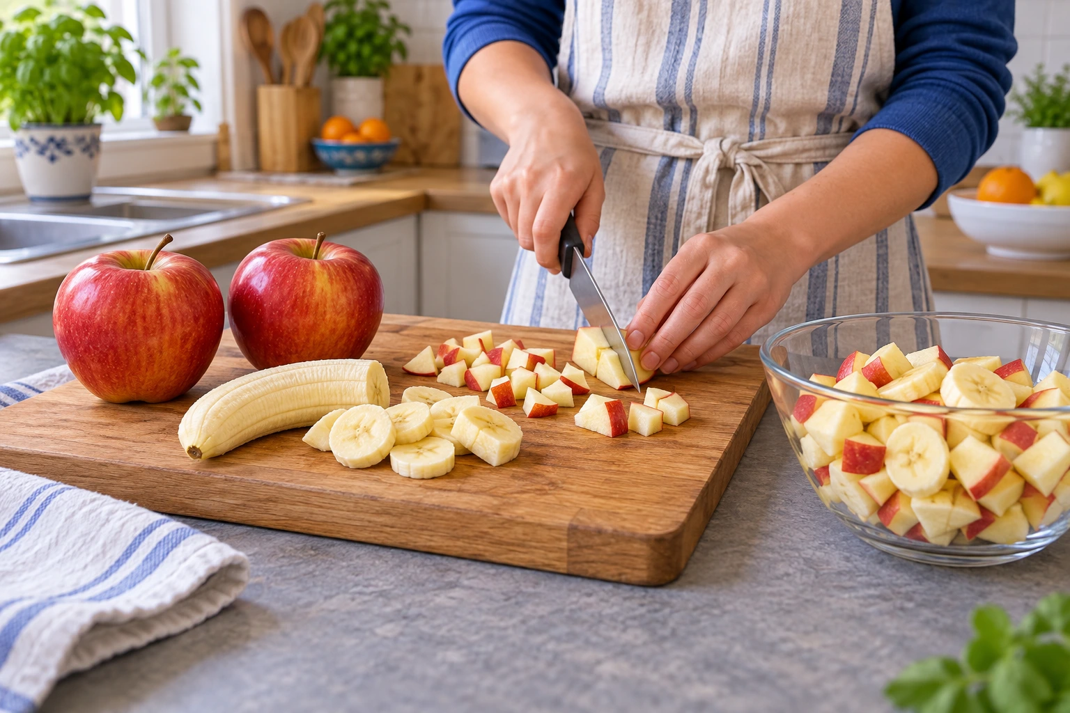Tábua com duas maçãs e uma banana a ser cortadas para uma salada de fruta.