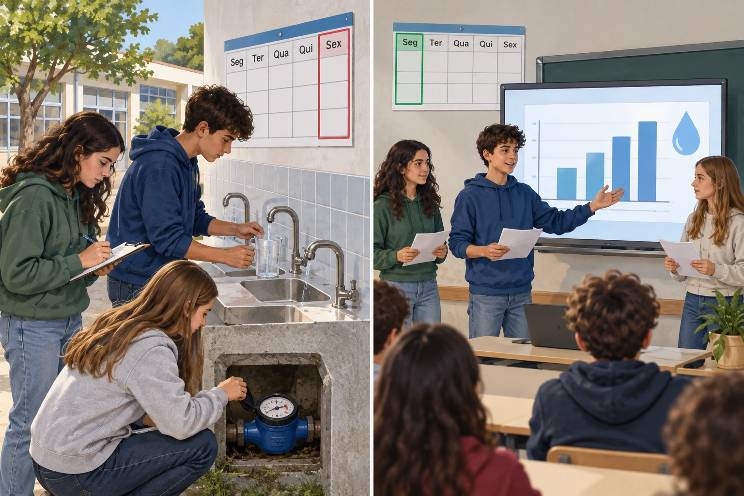 Alunos recolhem primeiro dados sobre água e mais tarde apresentam resultados na sala de aula.