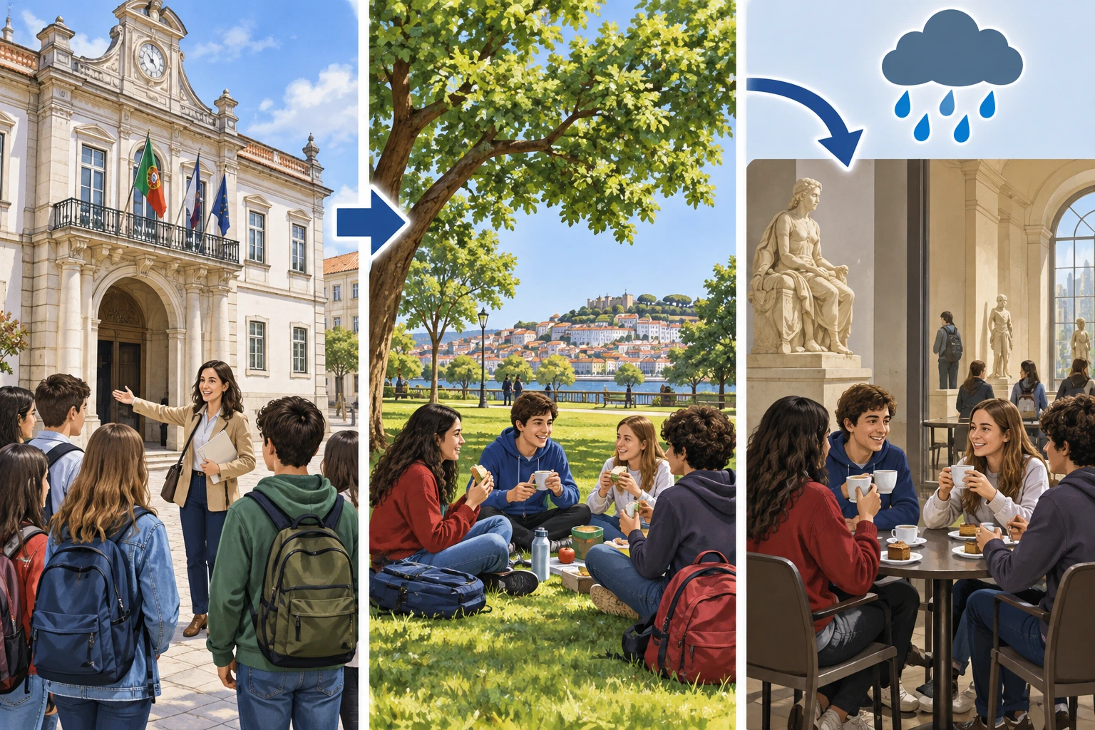 A visita passa pela câmara municipal e inclui almoço no parque ou, se chover, no café do museu.