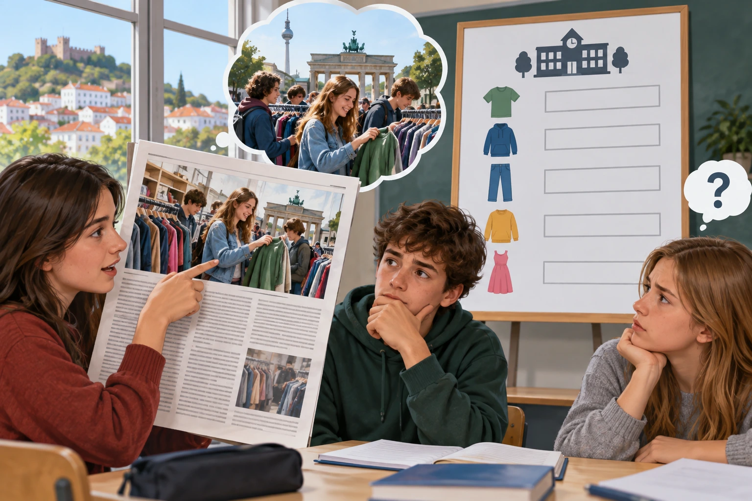 Roupa usada ilustra um artigo sobre Berlim; o quadro de dados da escola local continua vazio.