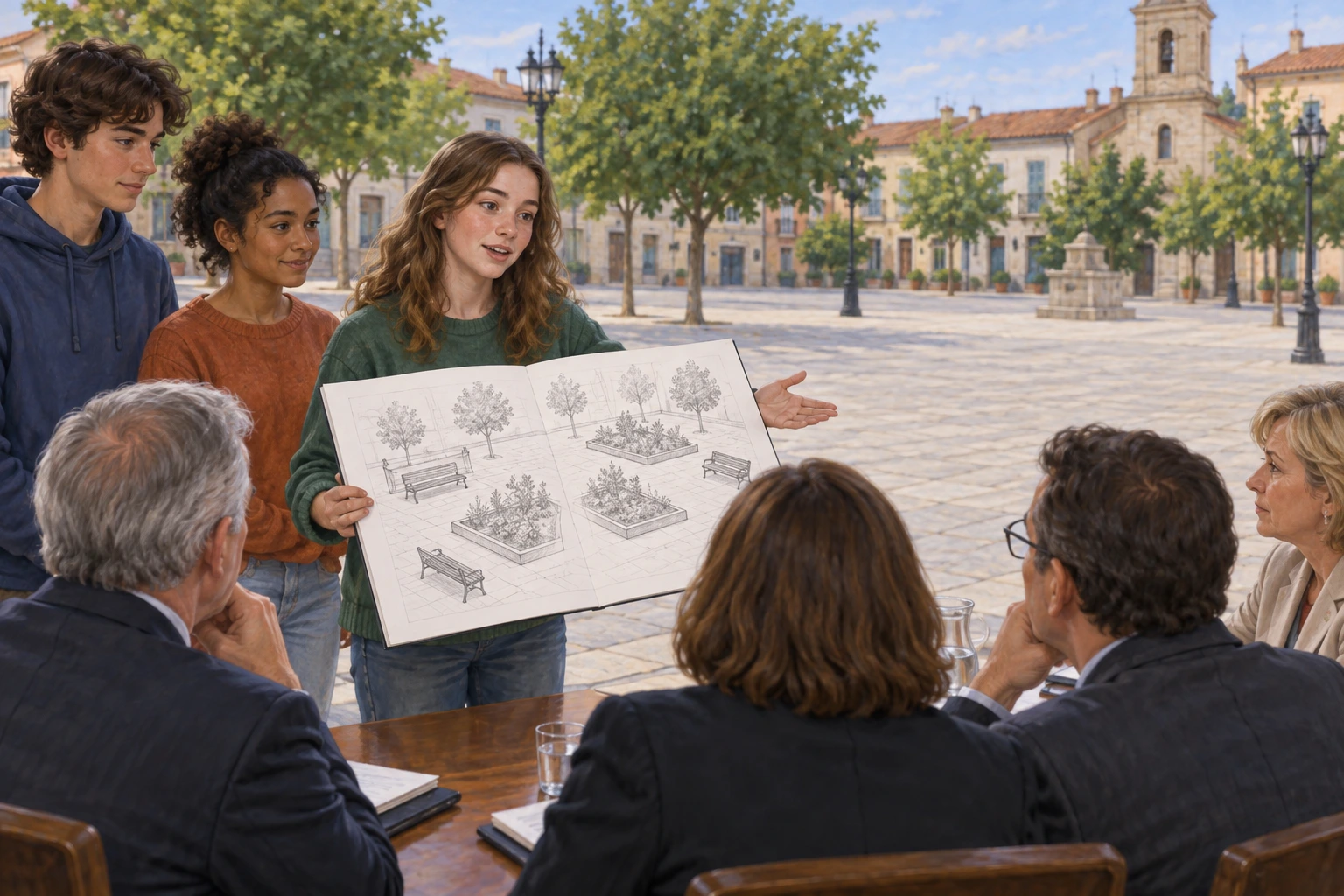 Jovens mostram ao conselho desenhos de bancos e canteiros para uma praça que ainda não foi alterada.