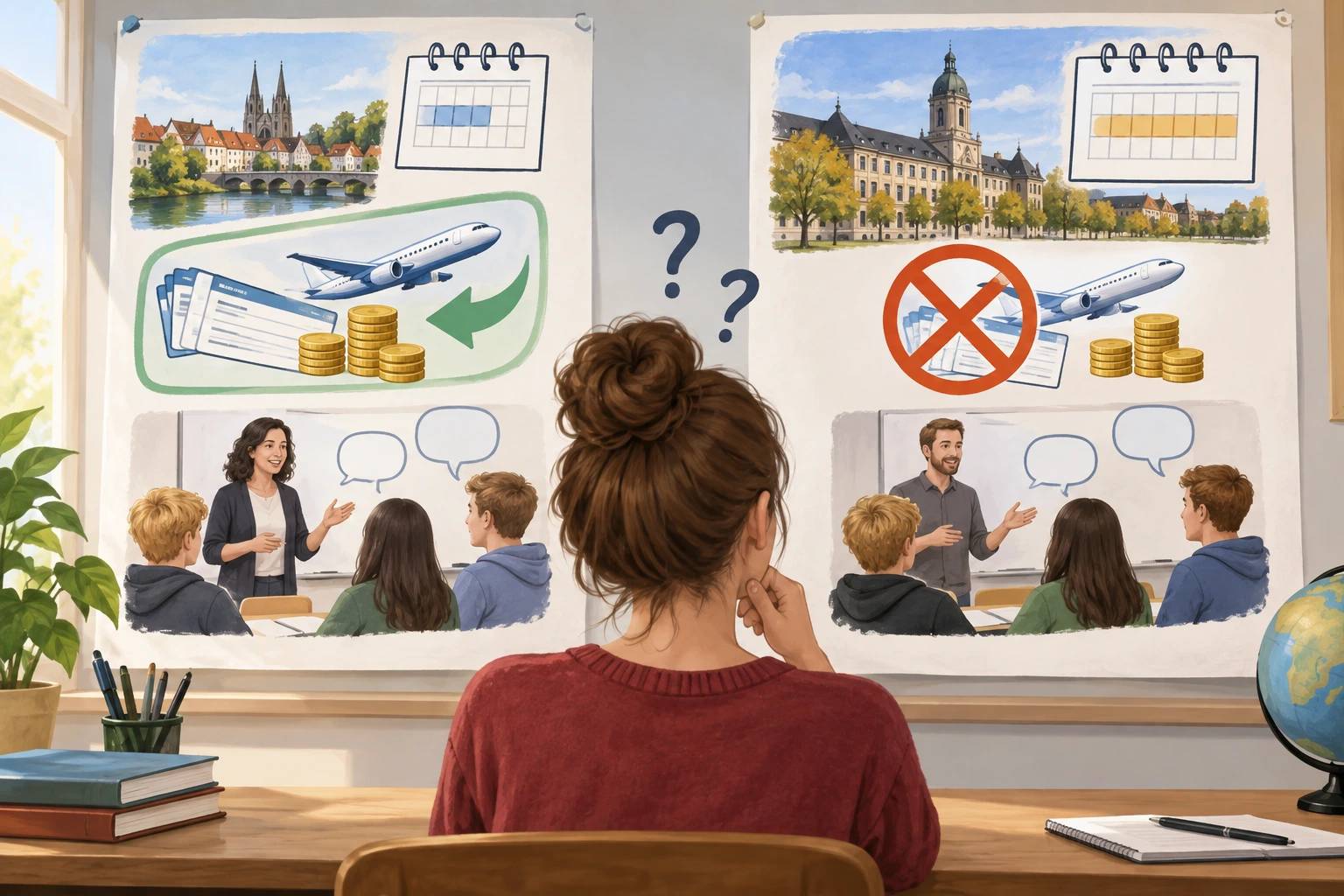Duas opções de intercâmbio aparecem lado a lado; só uma inclui apoio às despesas de viagem.