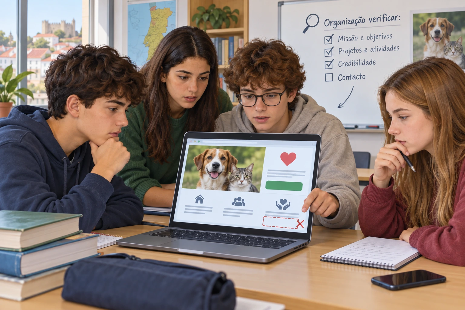 Alunos verificam uma página de doações sem contacto claro antes de partilhar o endereço.
