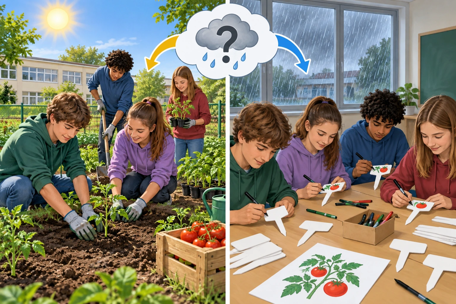 Turma planeia plantar tomates com bom tempo e preparar placas na sala se chover.