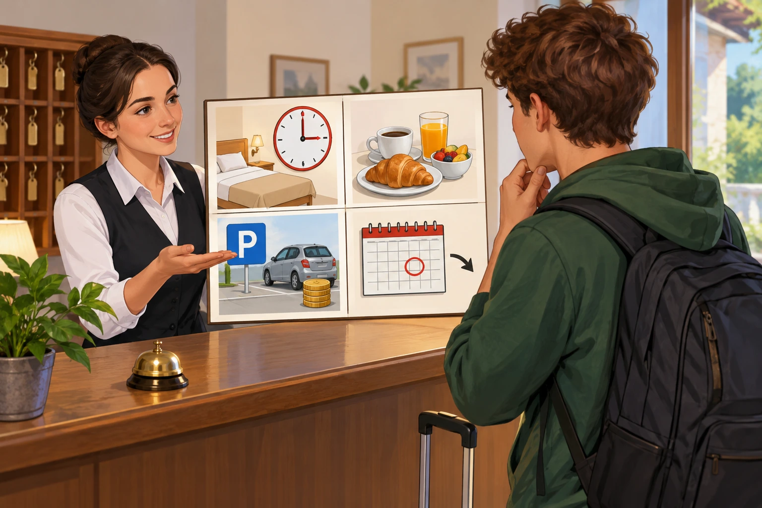Quarto, pequeno-almoço e estacionamento são apresentados com condições diferentes numa reserva.