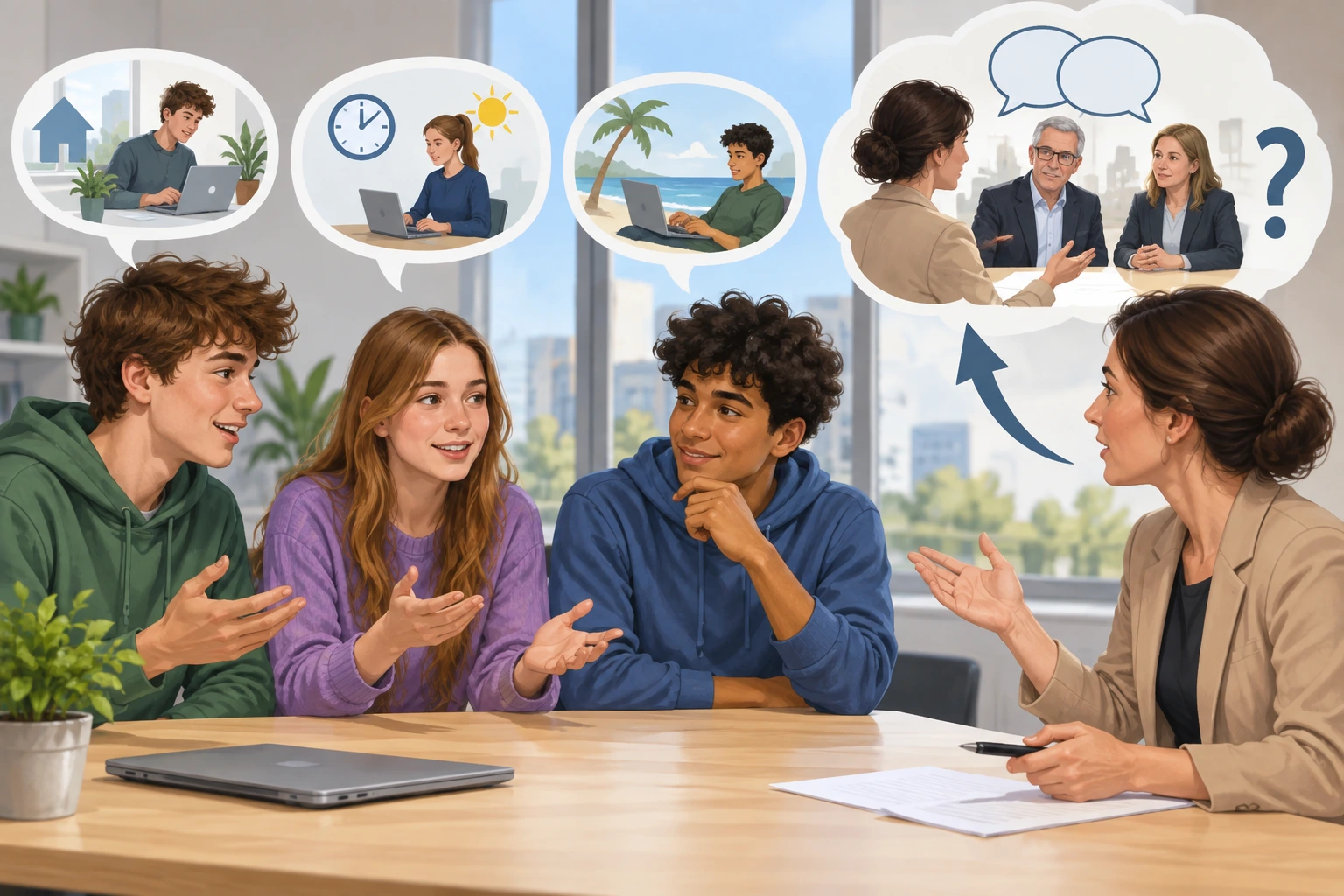 Três jovens conversam sobre trabalho flexível; a consulta a empresas continua por fazer.