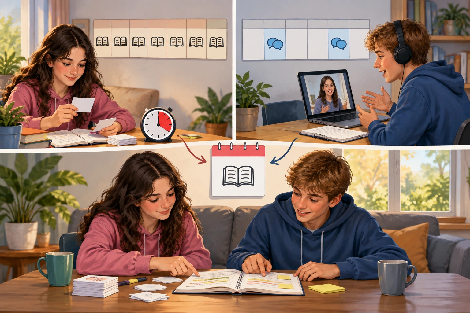 Nora estuda vocabulário diariamente, Jan pratica conversas e ambos revêm notas ao domingo.