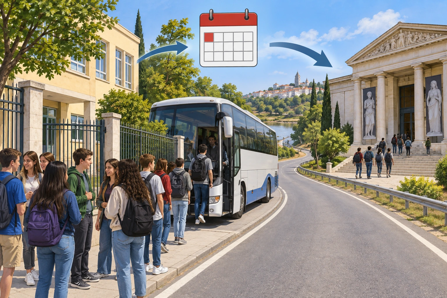 Alunos encontram-se diante da escola junto ao autocarro antes de seguir para o museu.