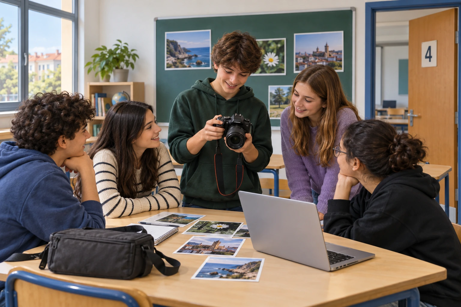 Estudantes reúnem-se numa sala para o clube de fotografia; uma aluna traz a sua máquina fotográfica.