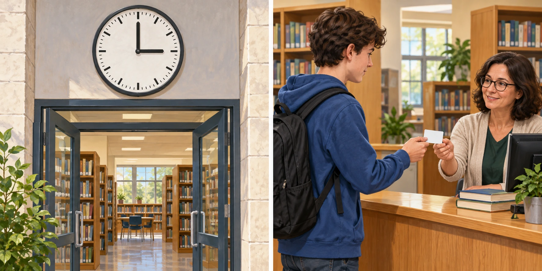 Duas cenas: relógio da entrada da biblioteca marca três horas; estudante mostra cartão em branco à bibliotecária.