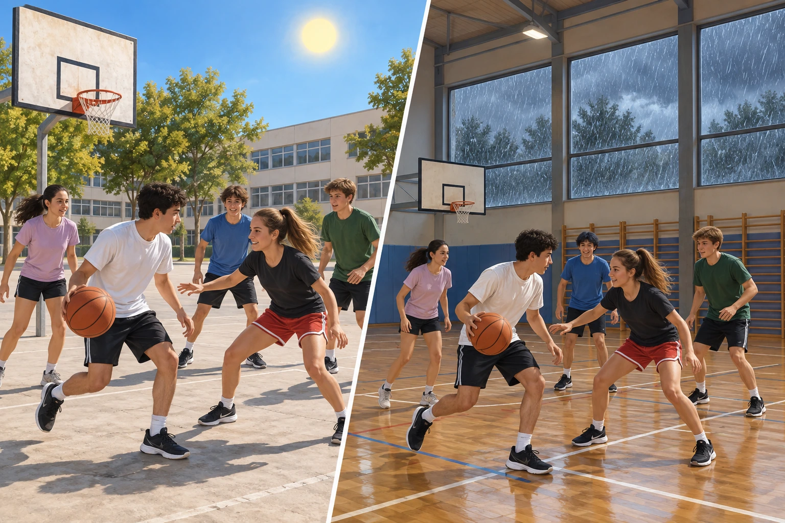 O mesmo grupo joga basquetebol no recreio com sol e no pavilhão quando chove.