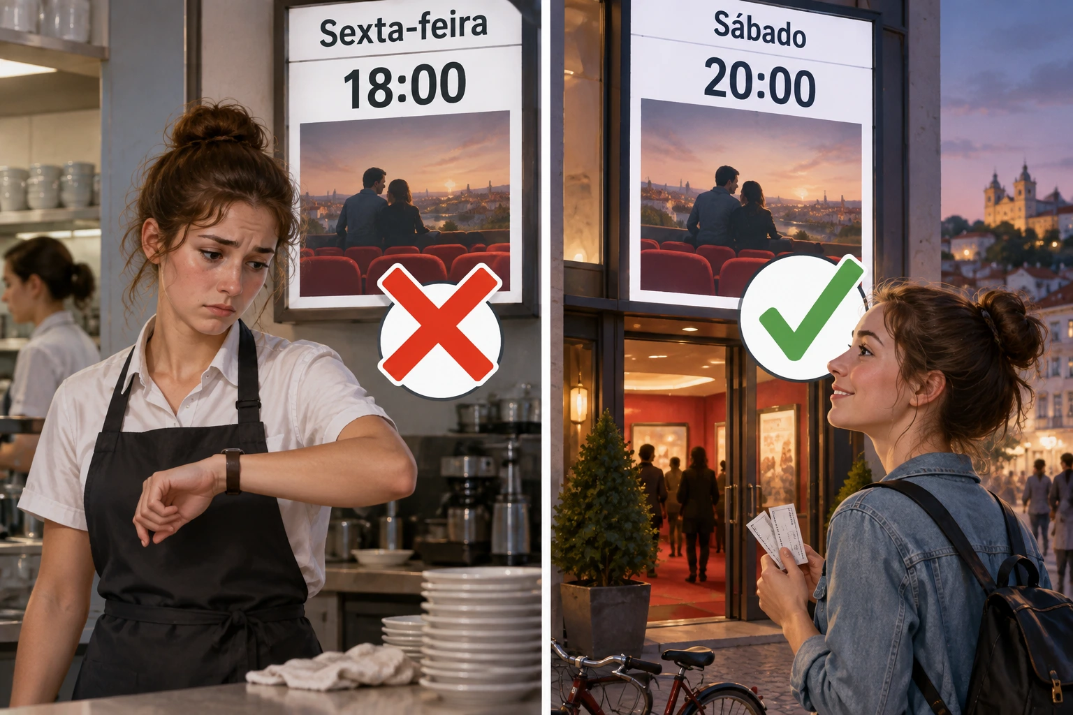 Dois planos de cinema são comparados com um turno de trabalho e uma alternativa no sábado.