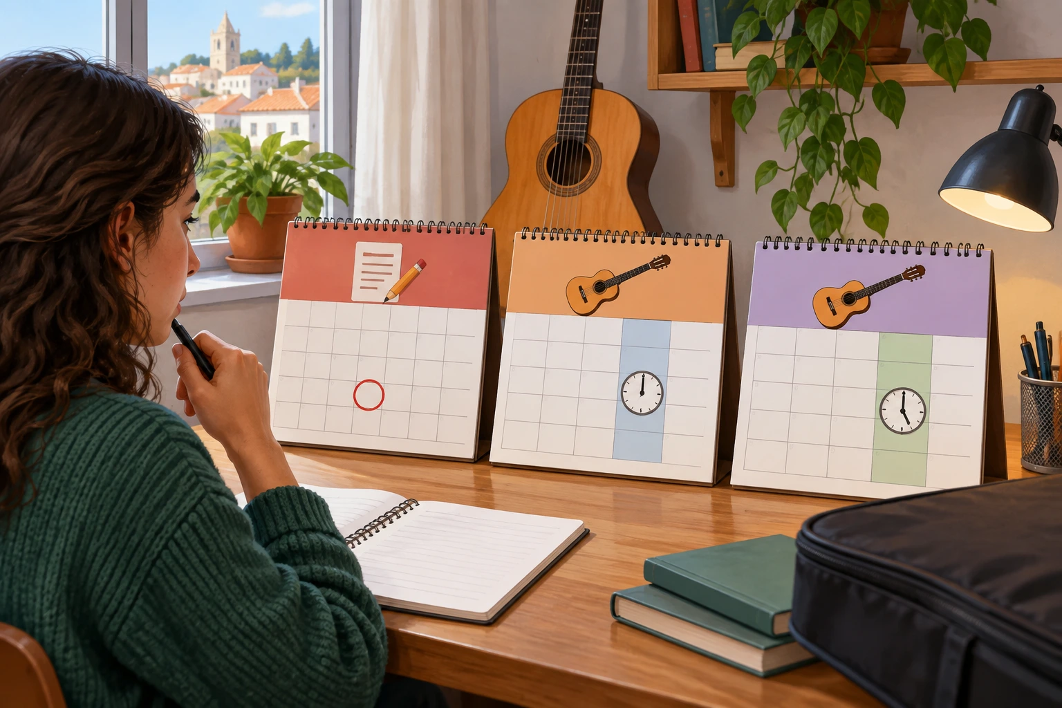 Calendário de aulas de guitarra com sessões semanais e um prazo anterior para inscrição.
