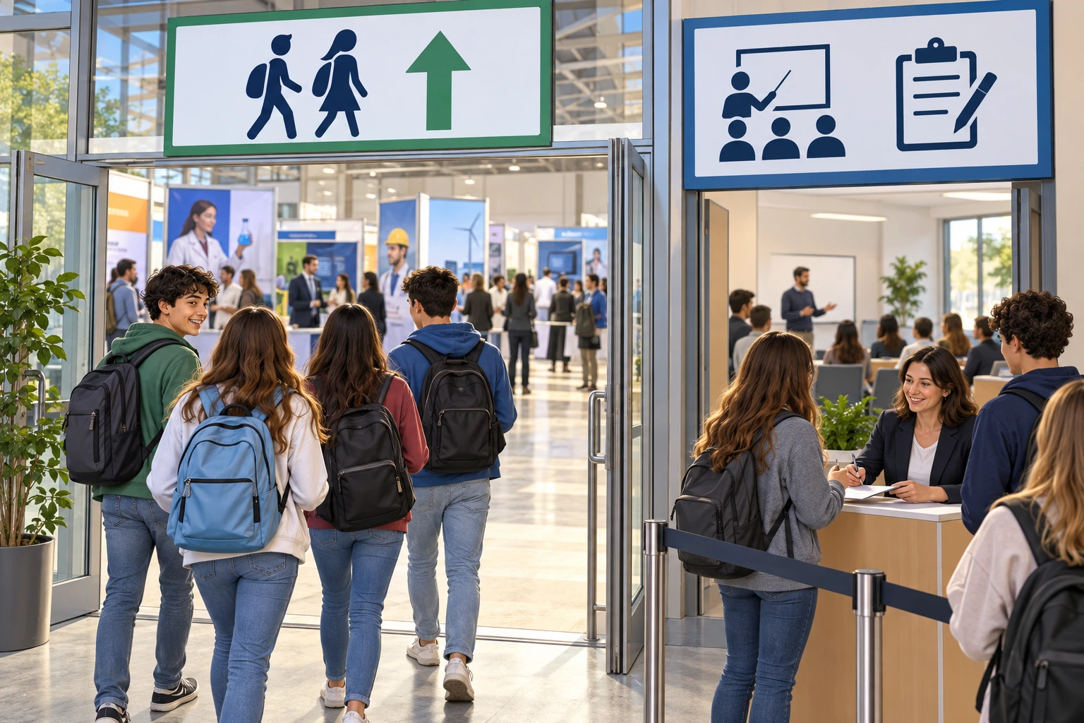 Estudantes entram livremente na feira; um pequeno grupo inscreve-se à parte numa oficina.