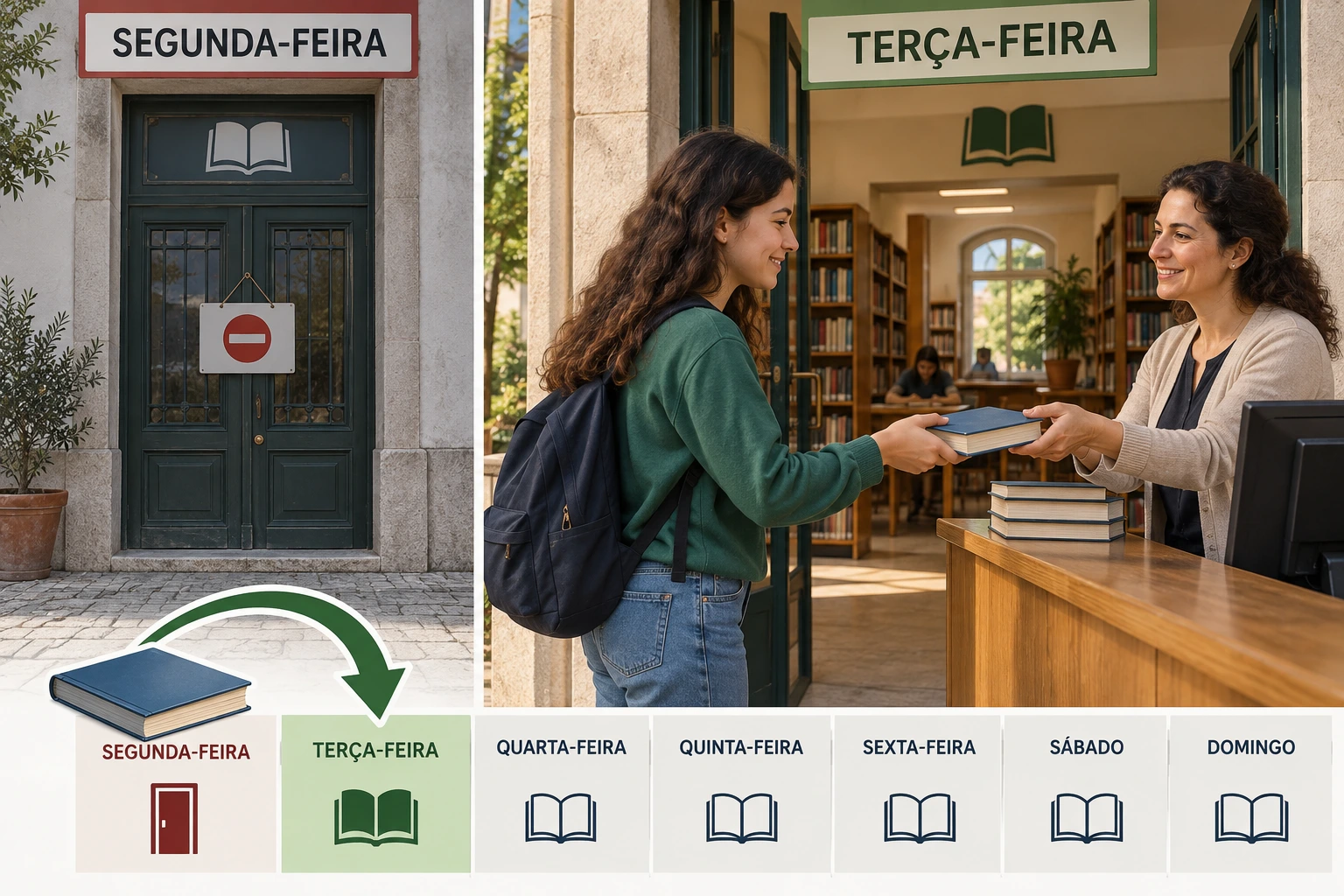 Leitor devolve um livro numa terça-feira; a porta da biblioteca surge fechada à segunda.